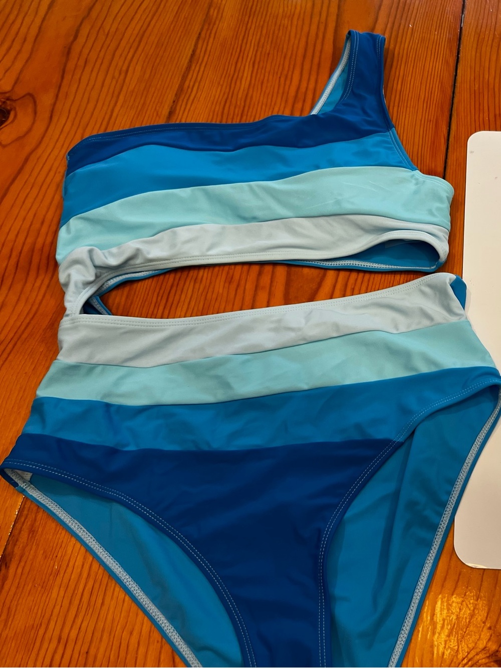 Striped Blue One-Shoulder Cutout Bikini